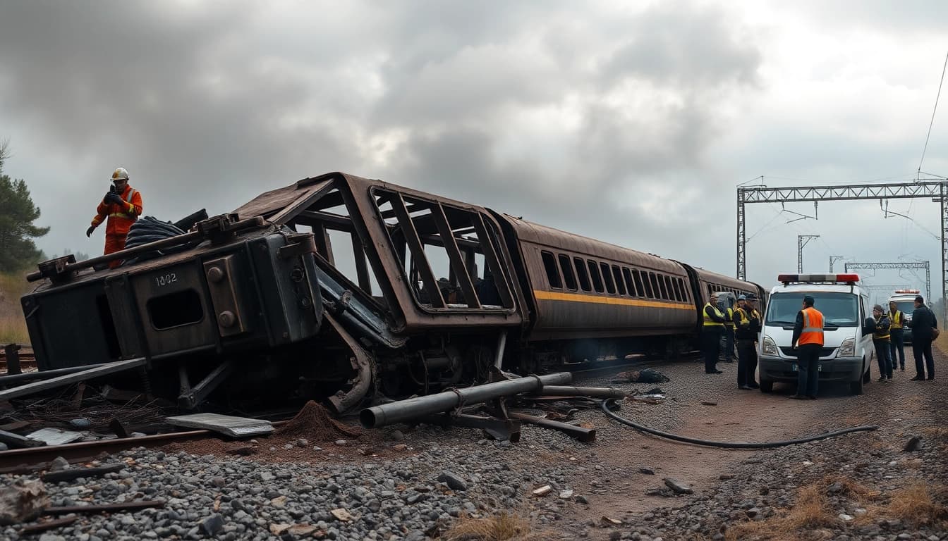 Spain train crash aftermath showing wreckage and rescue efforts on-site.