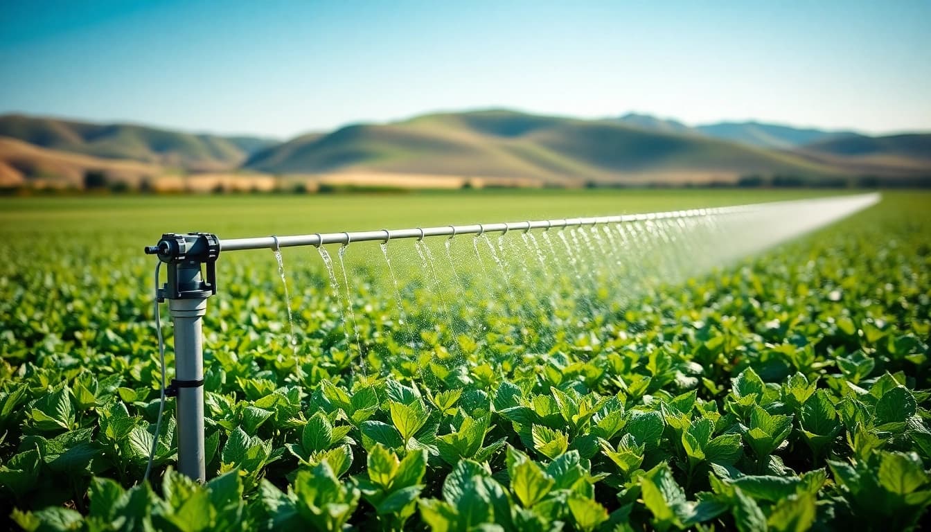 Land irrigation system watering lush crops in a vibrant field.
