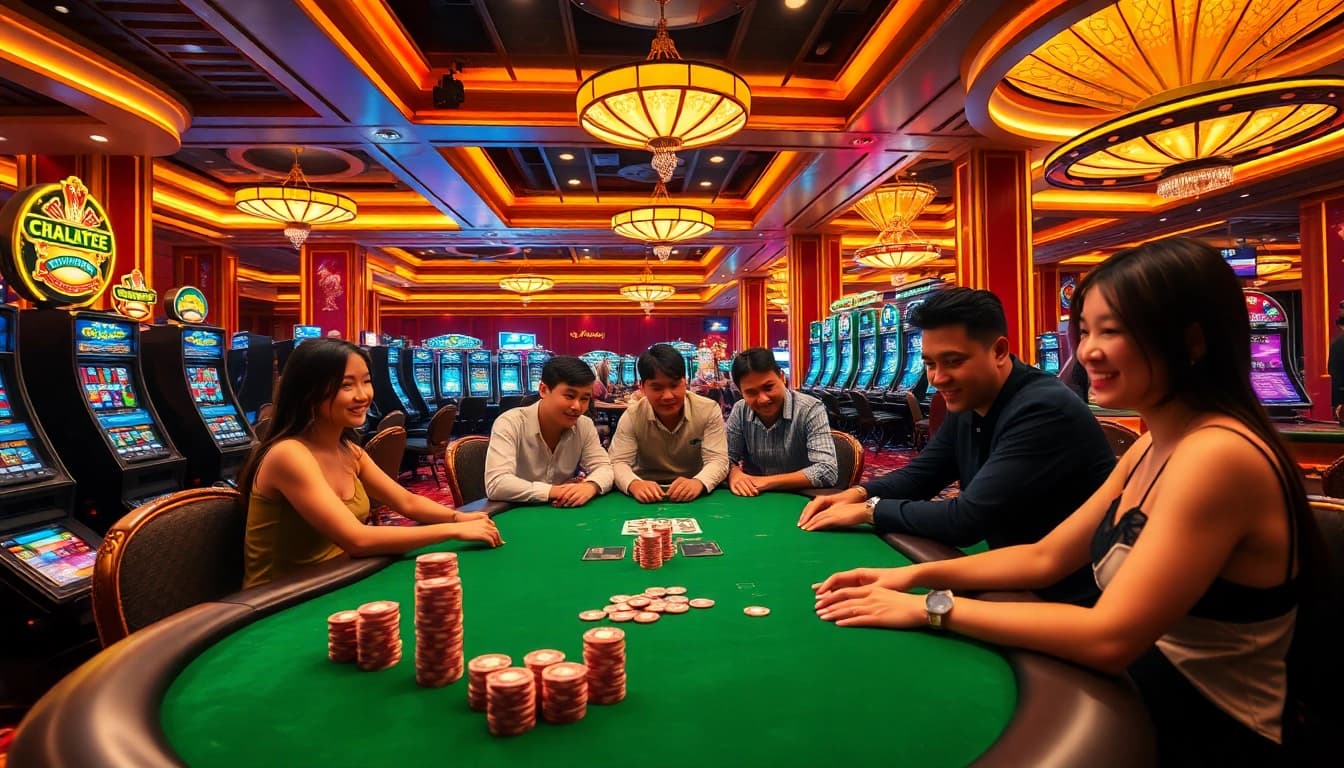 Experience the thrilling excitement of an upscale casino with vibrant gaming tables and dynamic 주소모음 updates visible on digital screens.