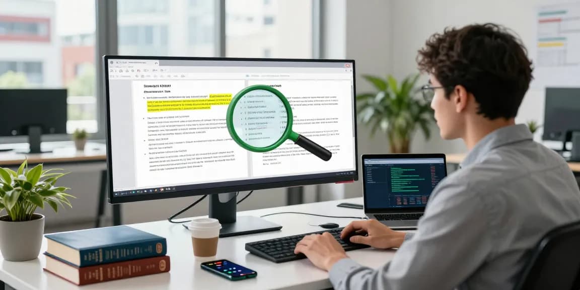 Detect PDF fraud with AI analysis in a modern office, showcasing an analyst examining anomalies.