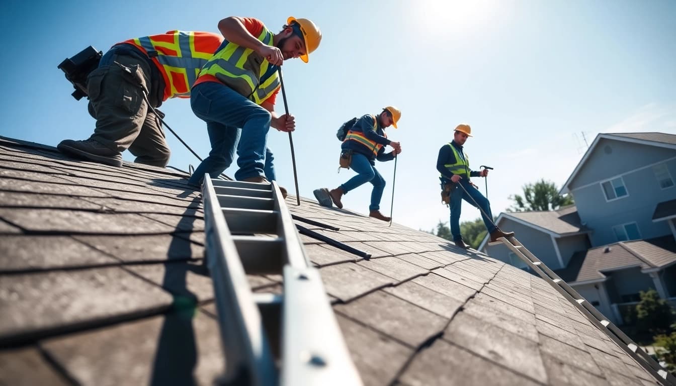 Roof repair team working safely on a pitched roof with tools, demonstrating quality service.