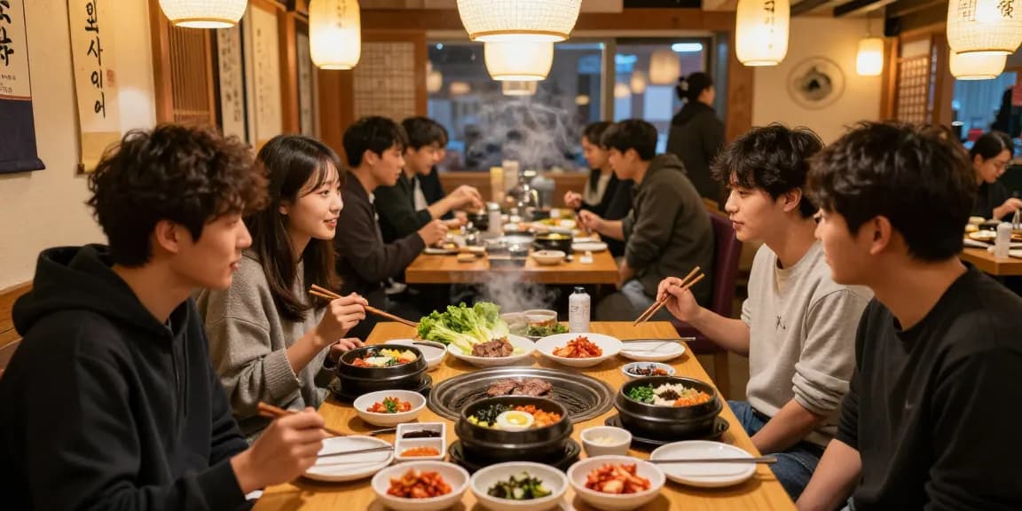 Korean dining experience at 상봉동 한국관 with friends enjoying traditional dishes.