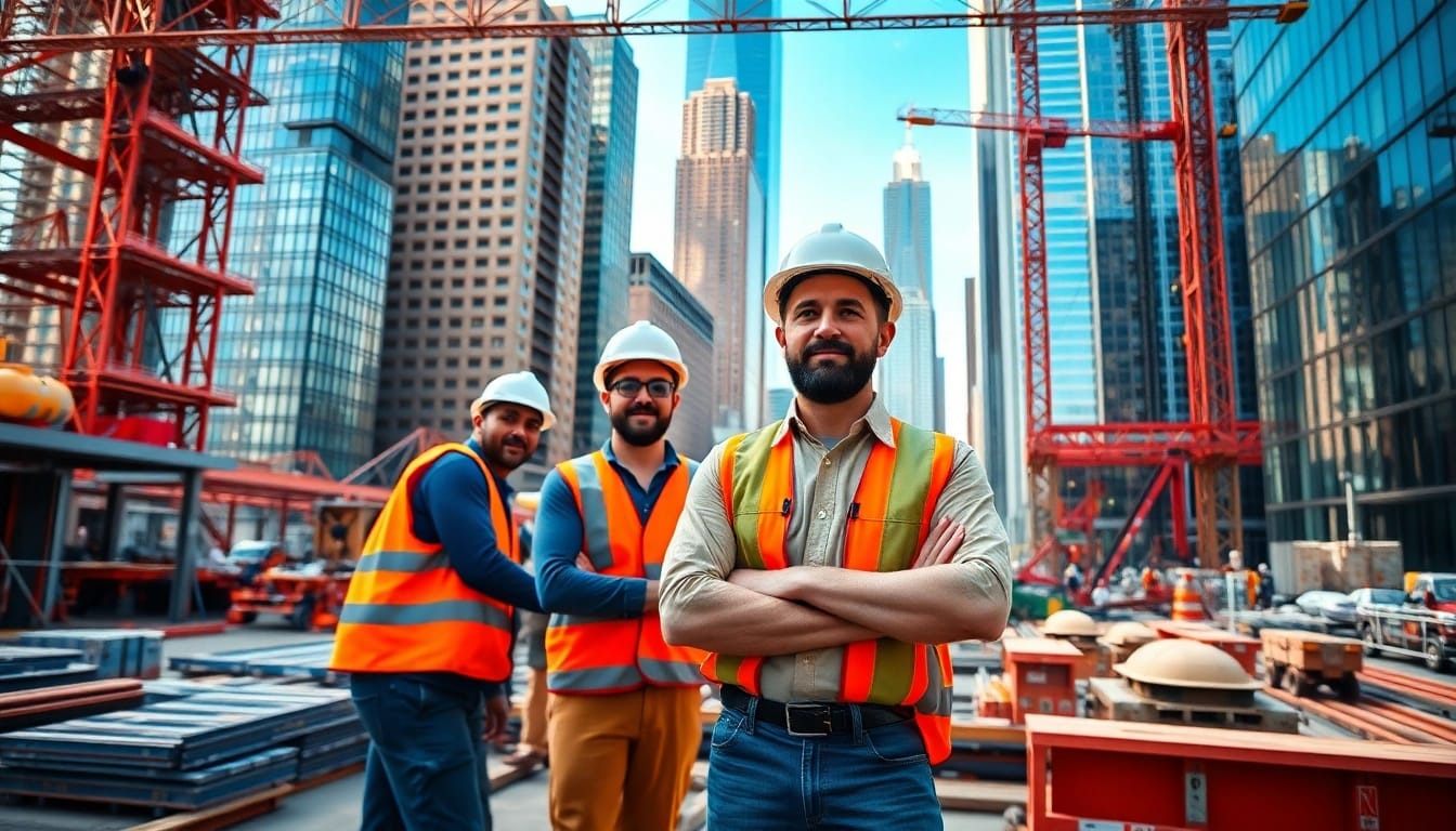 New York City General Contractor managing a bustling urban construction site with professional teams.