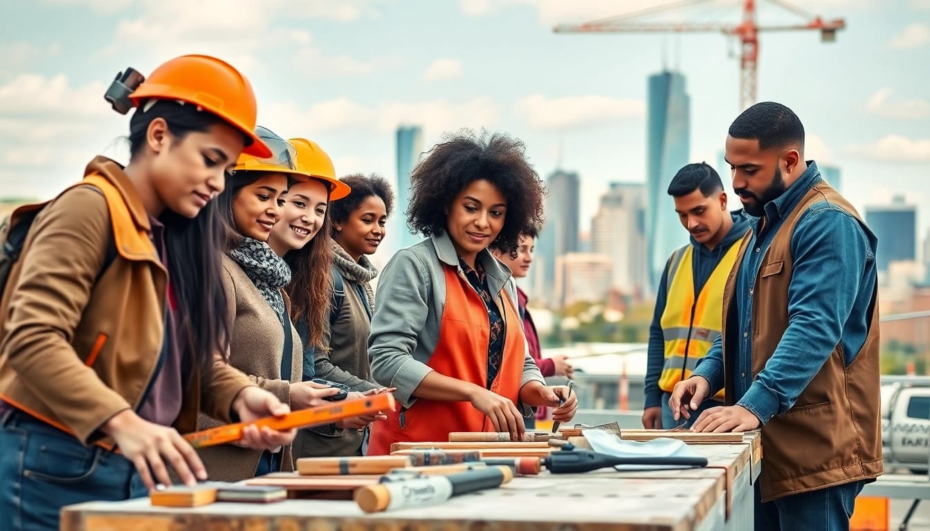 Engaging scene of diverse construction workforce development in training activities.
