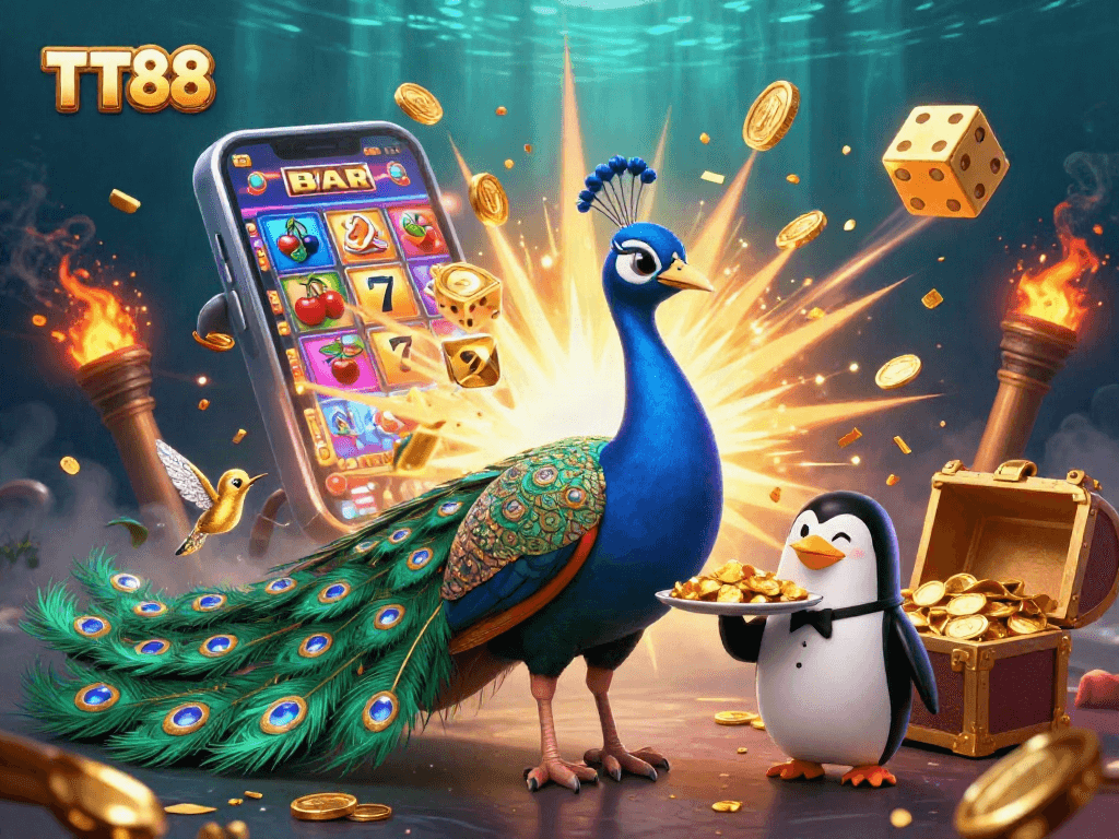 Experience thrilling wins at TT88 with a vibrant casino scene featuring a peacock and slot machine.
