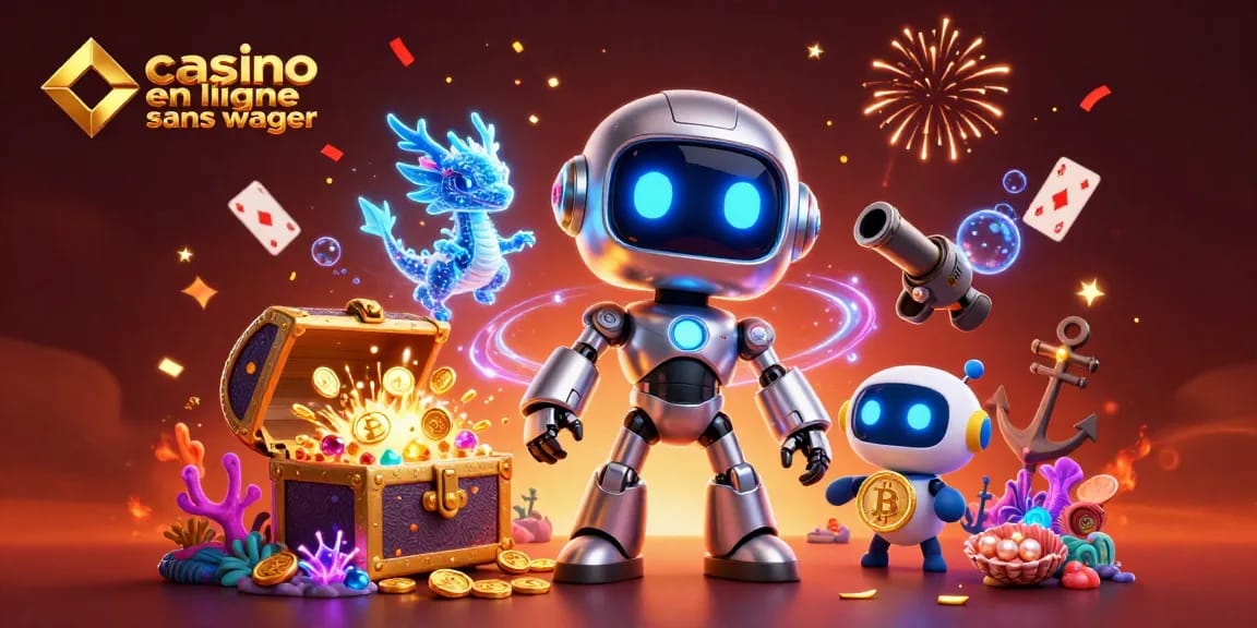 Engagez-vous avec les avantages des casinos en ligne sans wager illustrés par des personnages et éléments vibrants.
