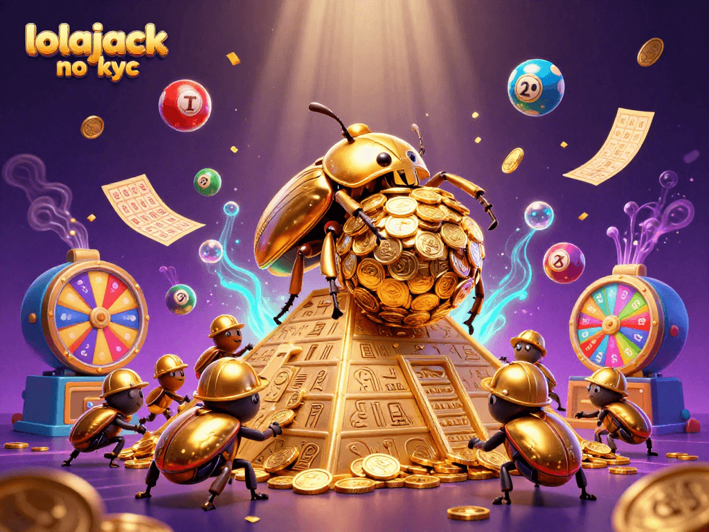 Join the fun with lolajack no kyc as cartoon beetles roll coins, creating vibrant gaming excitement!