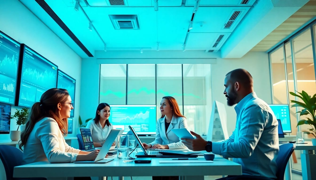 SEO Agentur Team discussing strategies in a bright, modern workspace.