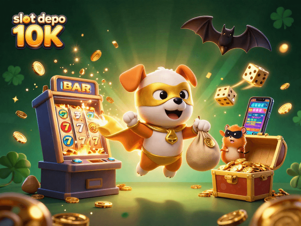 Spin to win with slot depo 10K featuring a superhero dog and hamster in an exciting casino scene.