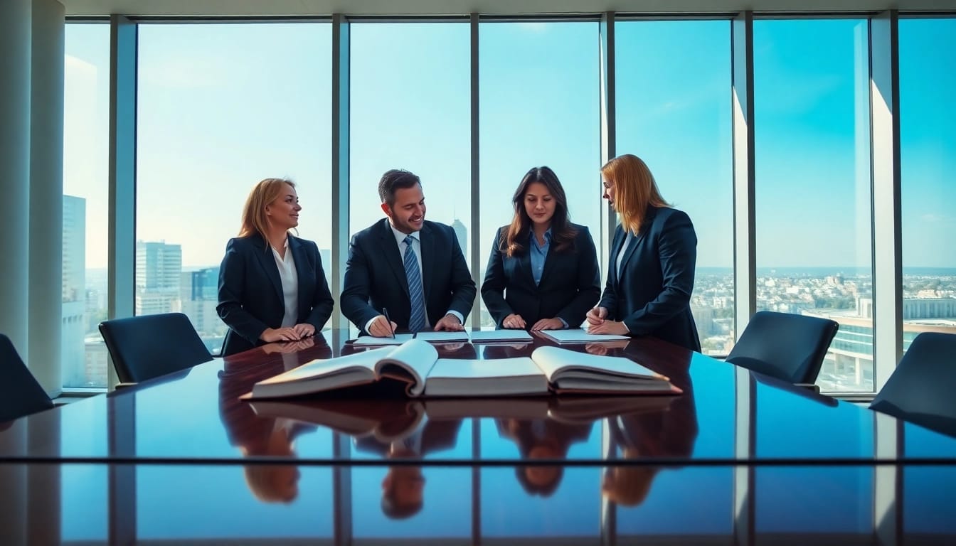 Collaborative USA attorneys discussing strategies in a modern office setting with city views.
