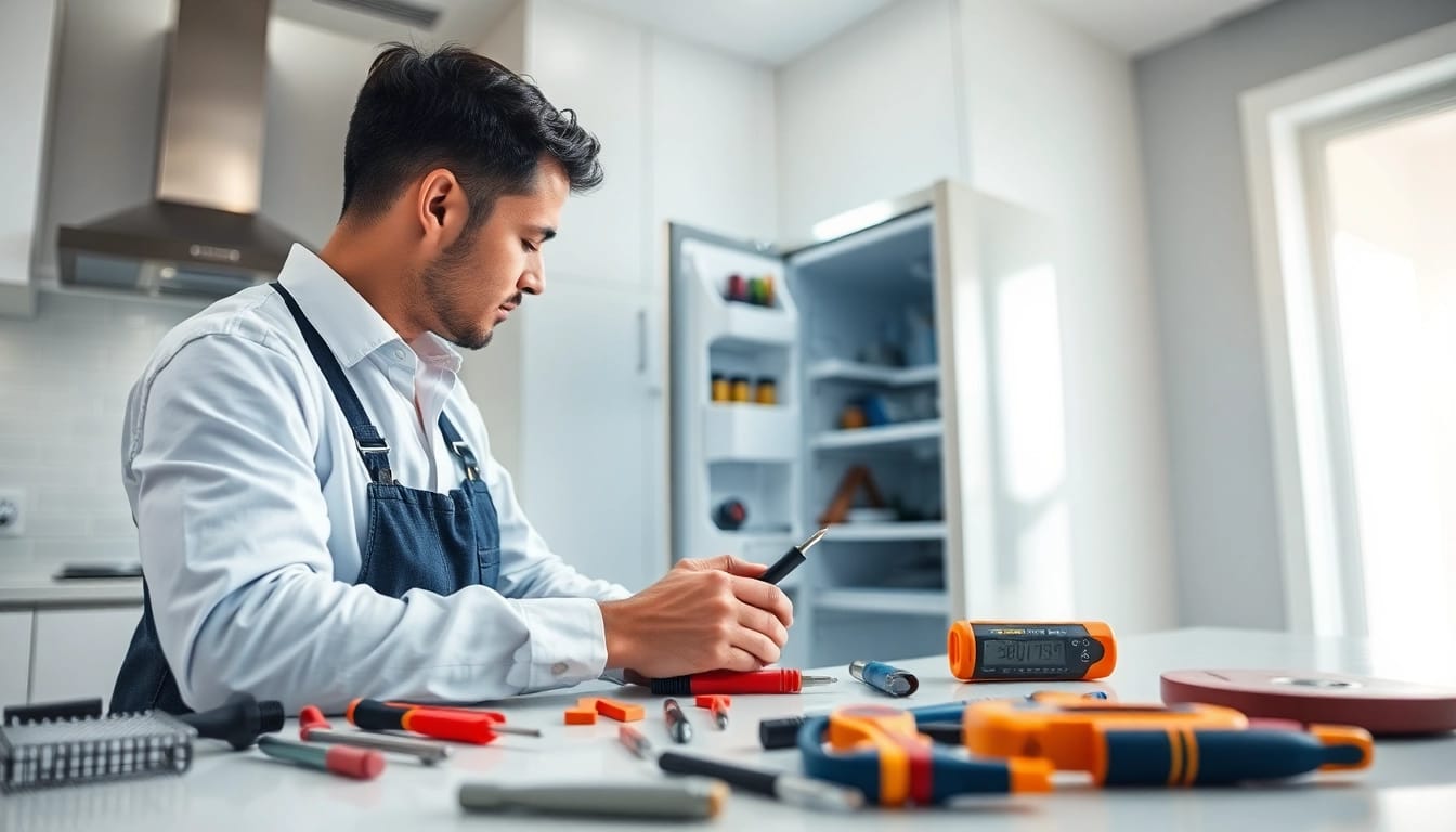 Fridge Repair technician diagnosing a refrigerator in a modern kitchen setting.