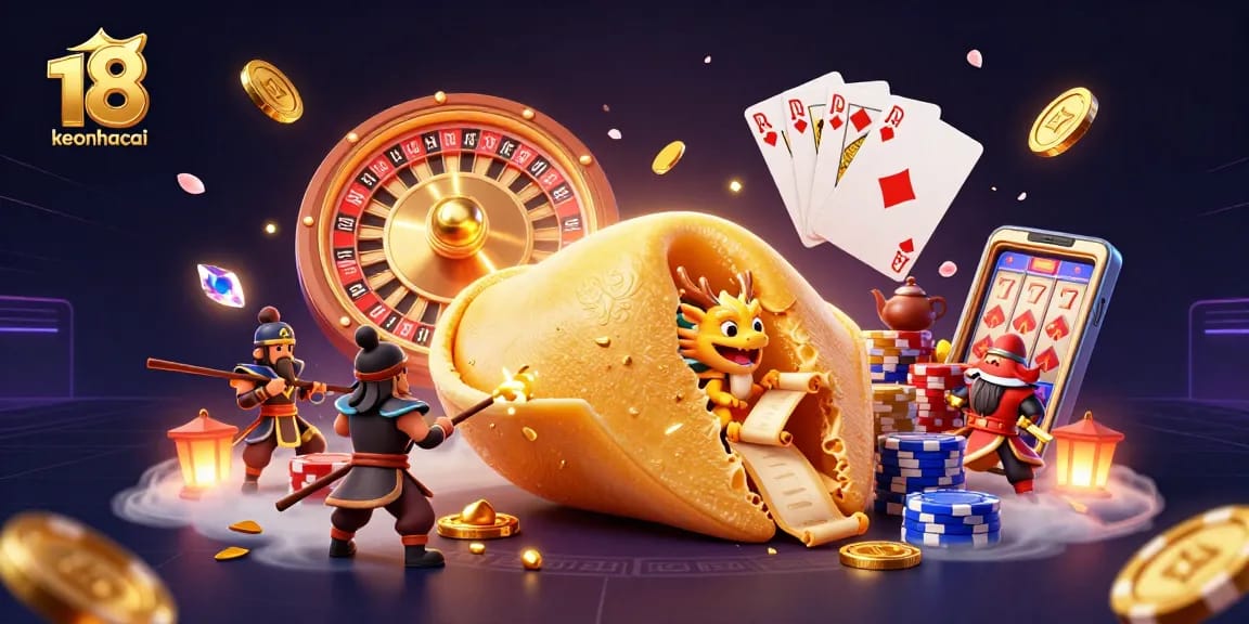 Spin and win with keonhacai 18's dynamic casino scene featuring golden fortune cookie characters and gambling elements.