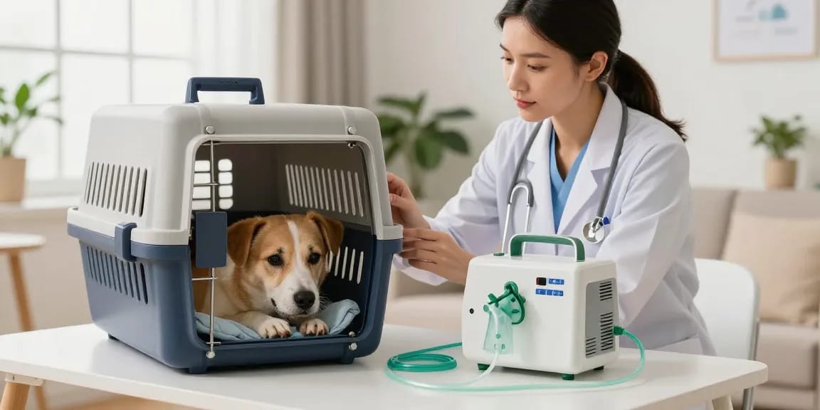 Pet Oxygen therapy setup with a dog in a soft cage, portable concentrator, and caring owner.