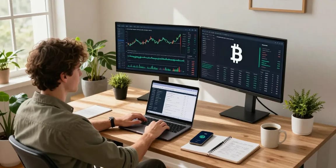 Explore cloud mining passive income strategies in a modern crypto workspace featuring multiple monitors and digital wallet displays.