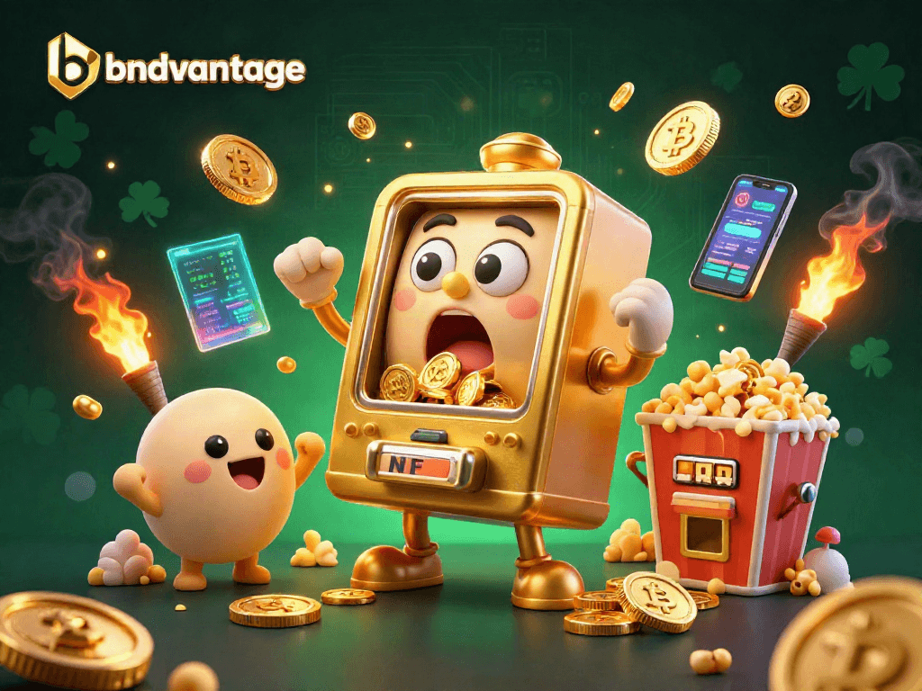 Experience thrilling jackpots with bnadvantage, featuring a lively golden slot machine and crypto elements.