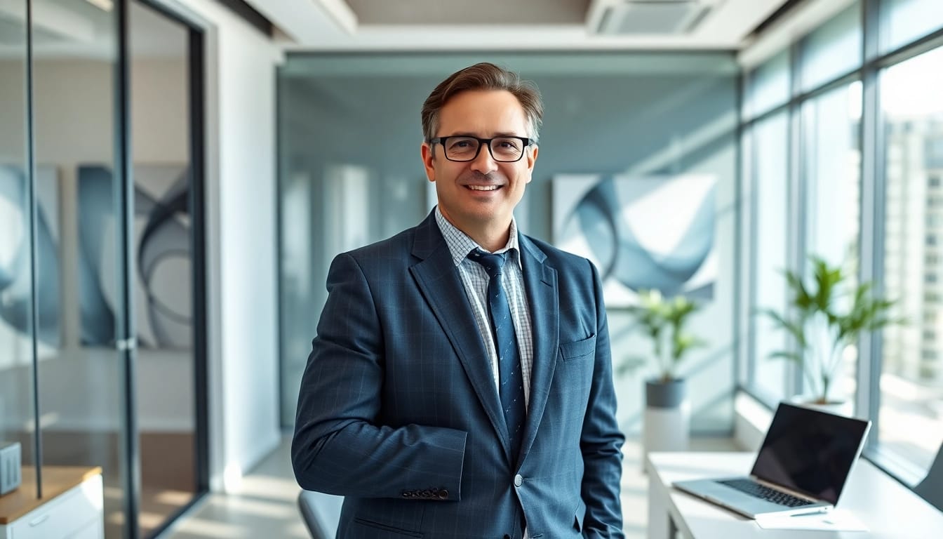 Mark Baum, a financial expert, standing confidently in a modern office.