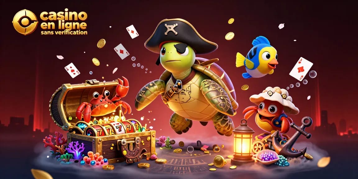 Jouer sur un casino en ligne sans vérification avec une scène dynamique de jeux sous-marins et des personnages colorés.
