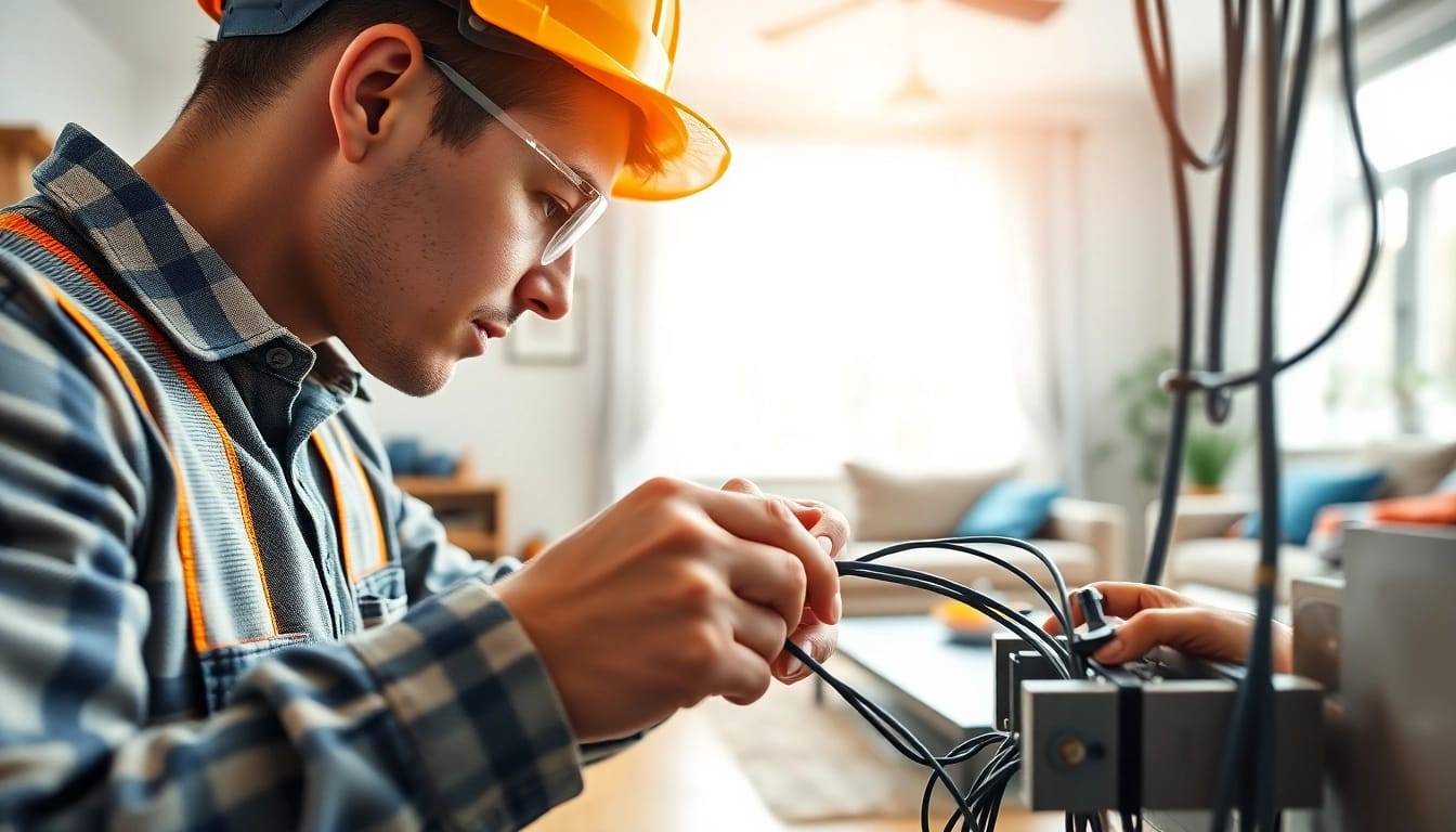 Electrician demonstrating skills in an electrical apprenticeship setting, ensuring safety and precision.