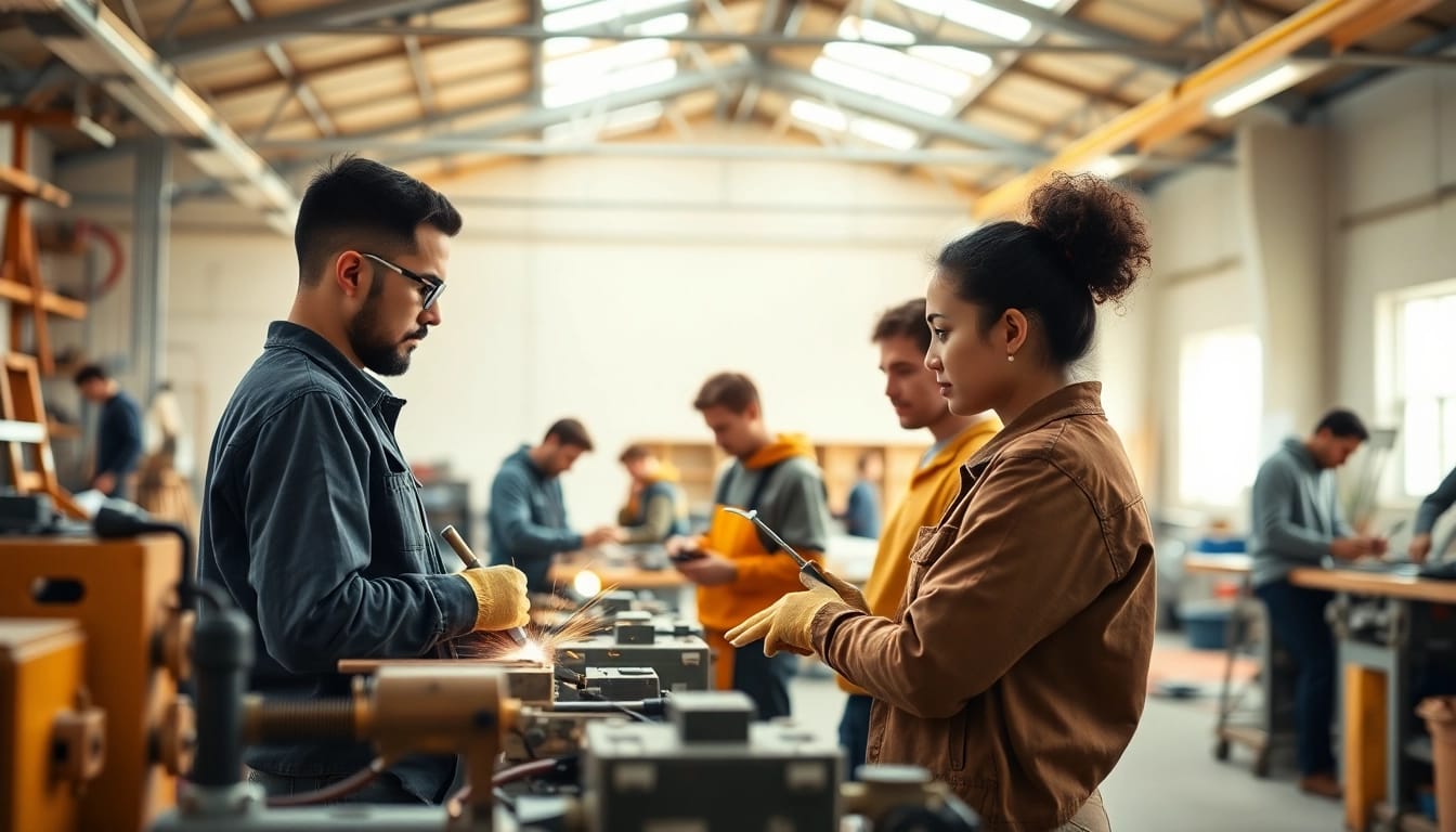 Engaging skilled trades training session with diverse individuals in an active workshop environment.