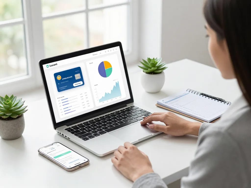 Ezzocard virtual card interface displayed on a laptop in a professional finance workspace.