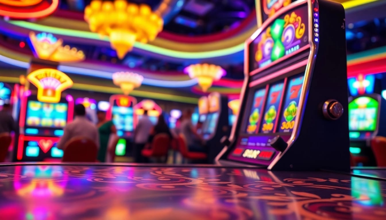 Slot online di mesin permainan kasino dengan cahaya dan desain menarik.