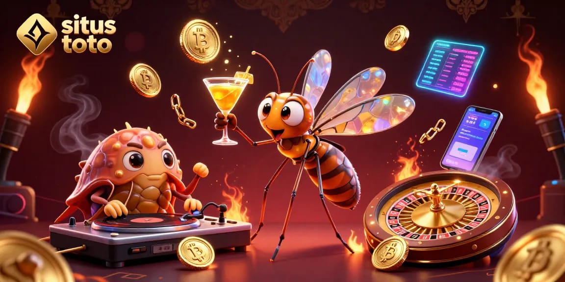 Engage with situs toto through a vibrant casino scene featuring animated characters and crypto elements.