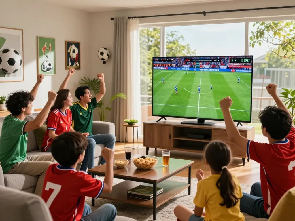 Excited viewer enjoying a live match on Cakhia tv with friends and family in a cozy living room.