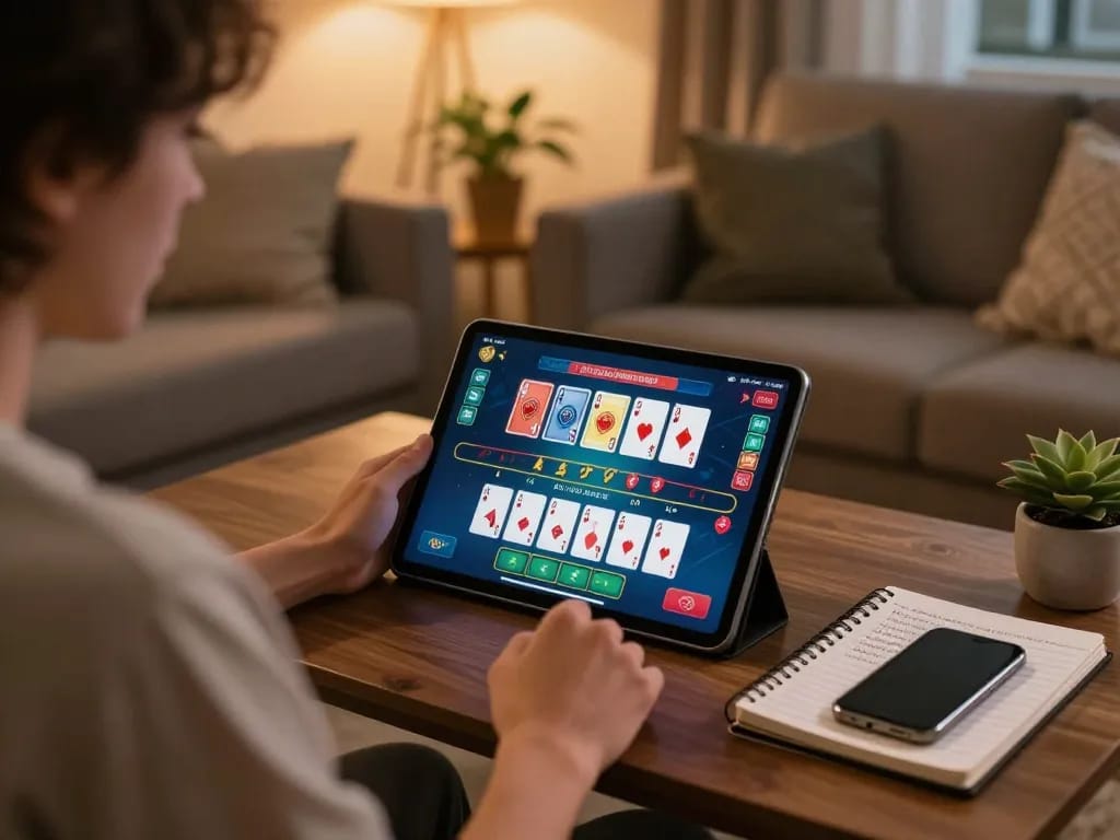 Luck8 user placing strategic bets in a cozy home gaming setup with live dealer blackjack.