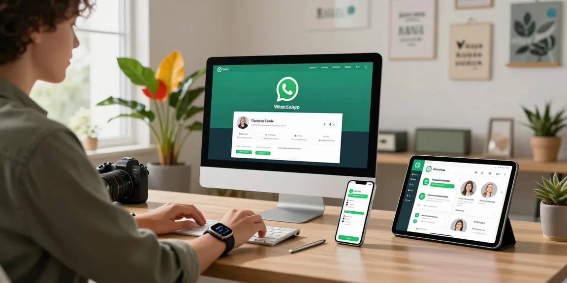Using WhatsApp電腦版 on a sleek desktop in a modern home office.
