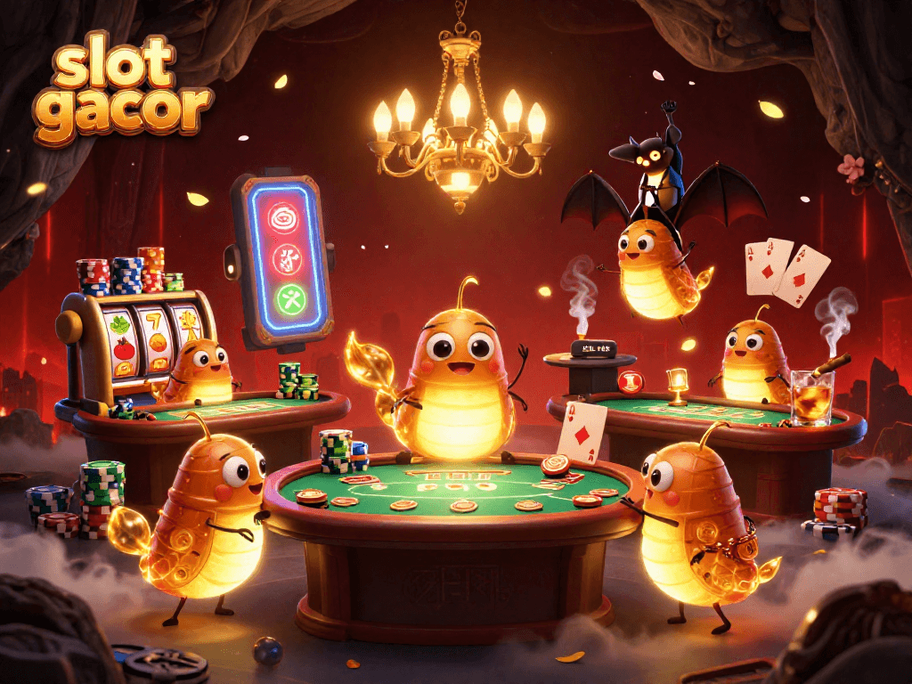 Menyimpan jackpot besar di slot gacor dengan pemandangan kasino yang diterangi, karakter 3D glowworms berinteraksi dengan detail berwarna-warni