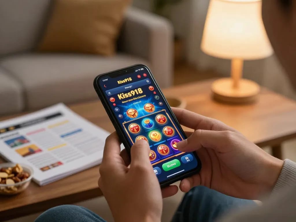 Berinteraksi dengan kiss918 original apk di telefon pintar sambil menikmati pengaturan permainan di rumah yang selesa.
