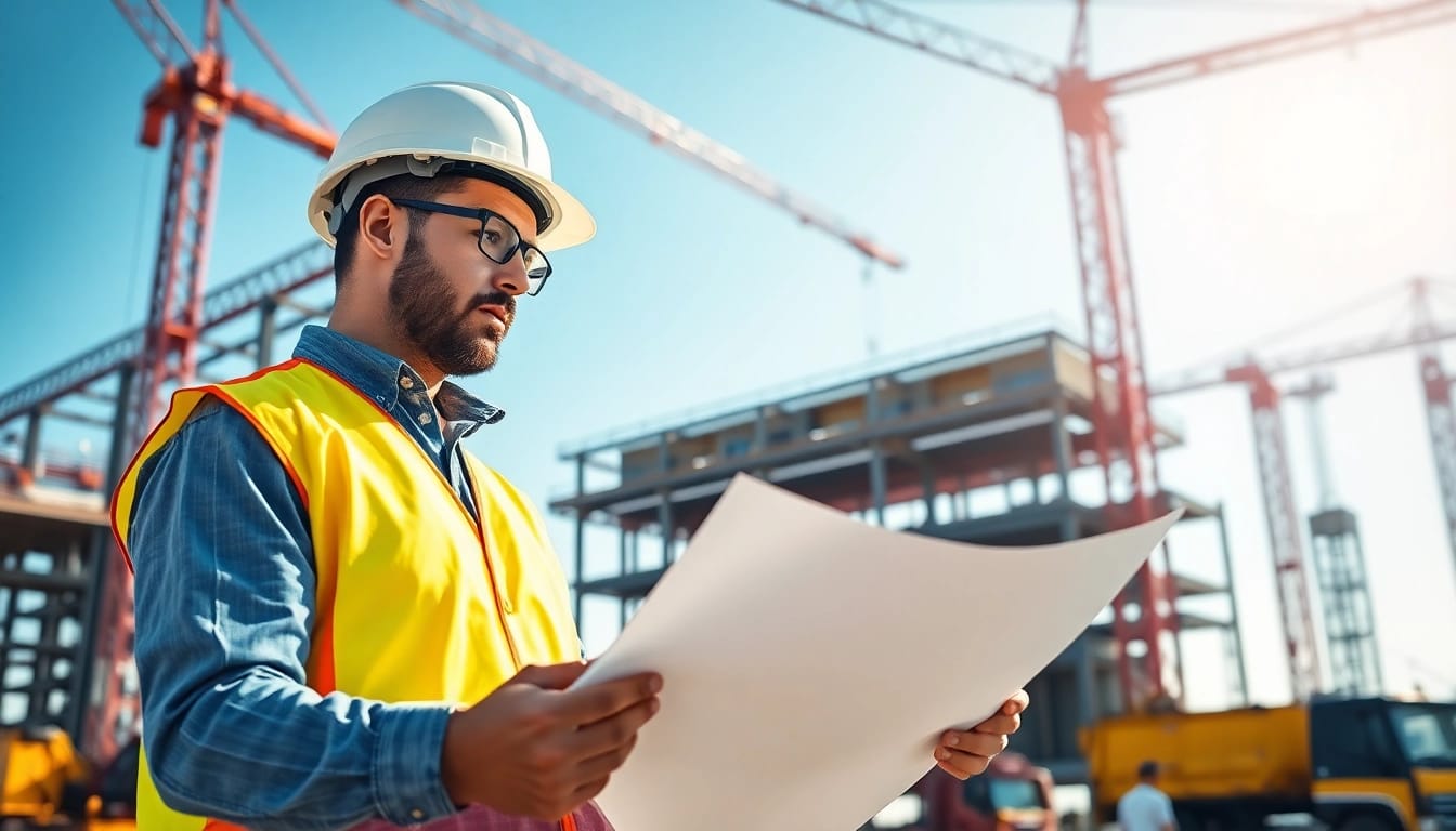 Construction career professional analyzing plans on a vibrant worksite surrounded by machinery.
