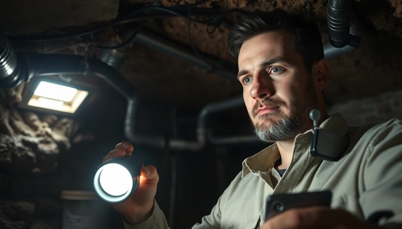 Crawl space pest control expert inspecting for pests in a dimly lit environment.