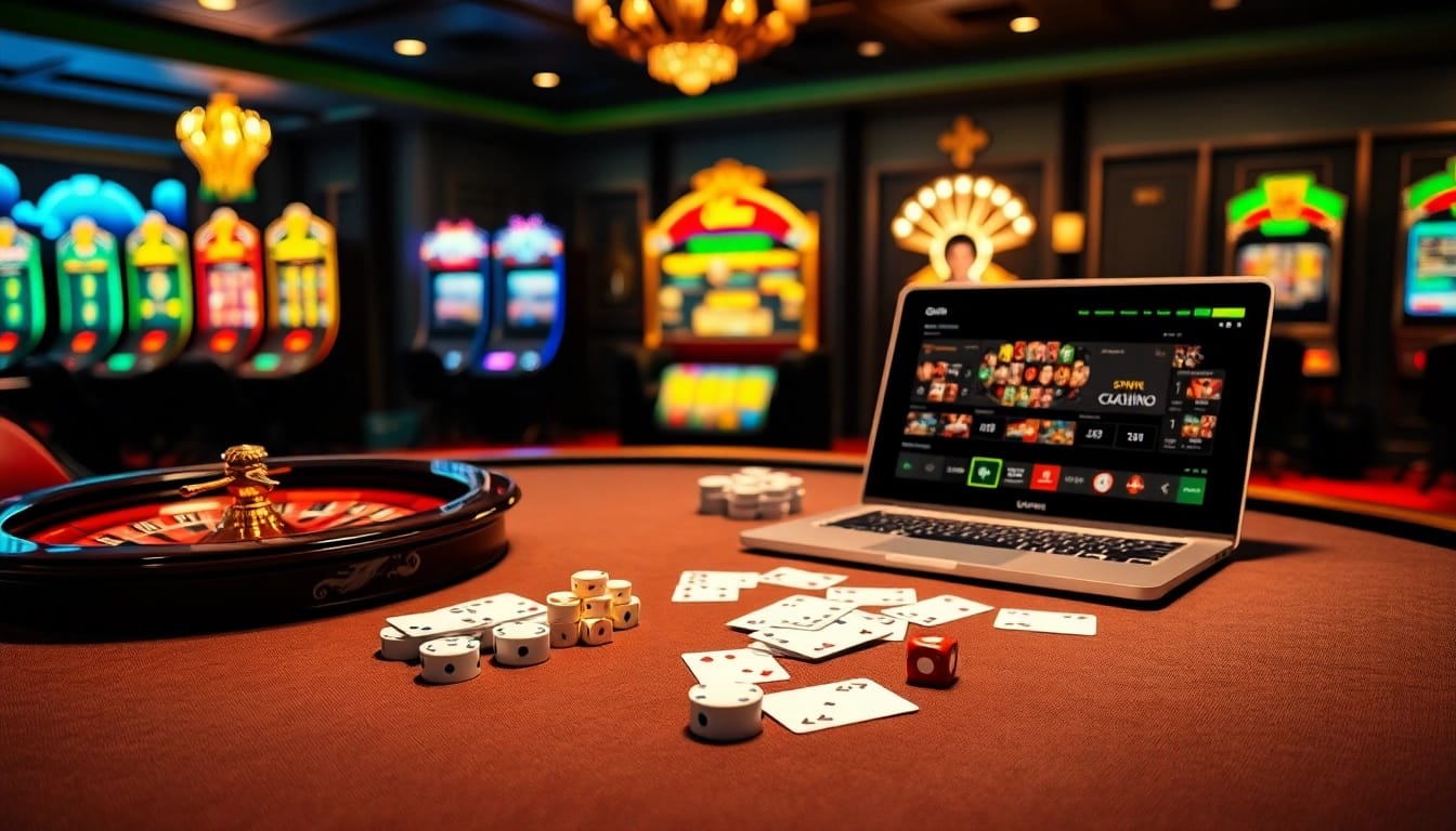 Experience the excitement of Okwin with an elegant casino scene featuring luxurious gaming tables and vibrant slot machines.