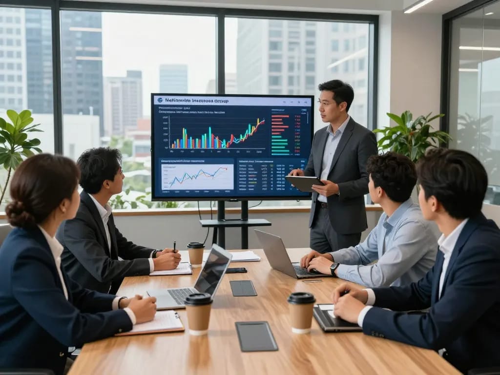 Team discussing strategies for the Nationwide investors group in a modern office.
