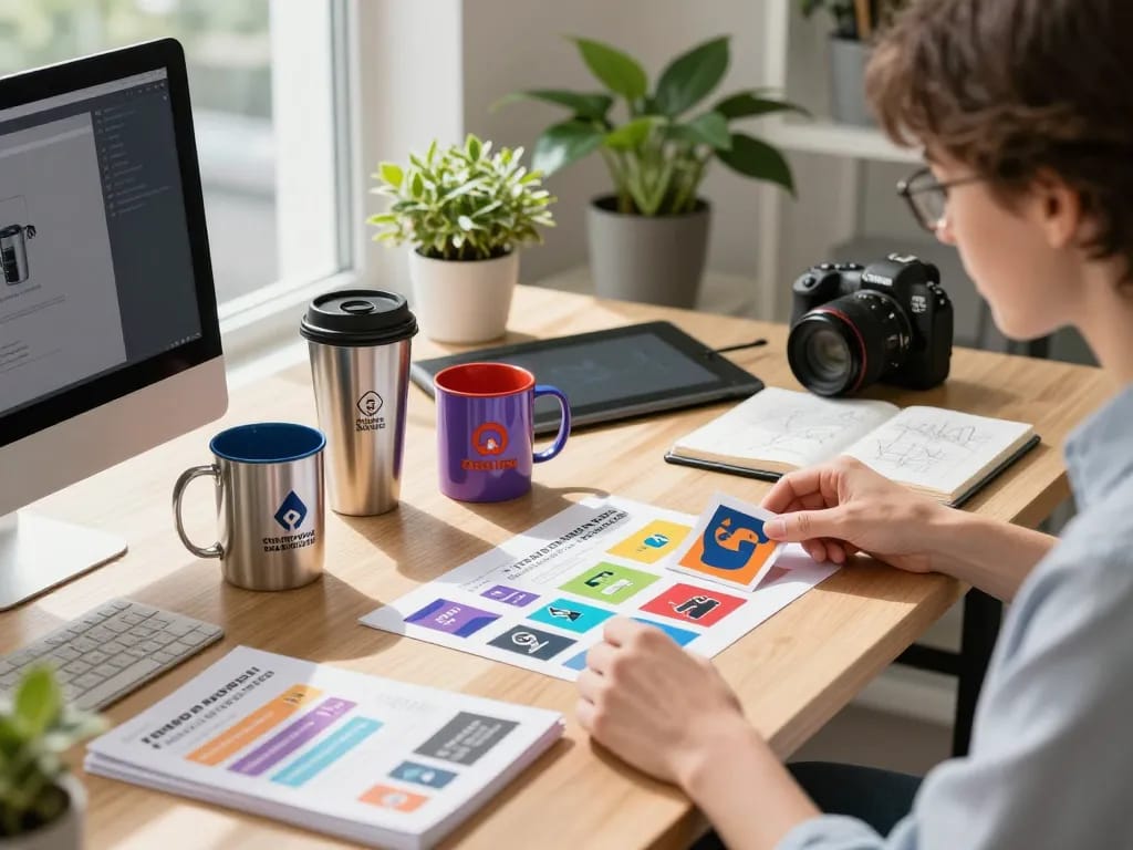 Įtraukiančios darbo vietos, demonstruojančios termo puodeliai su reklaminiu užrašu dizainus, su dizaineriu netvarkingame stale, pilname prekės ženklo merchandizo maketų.