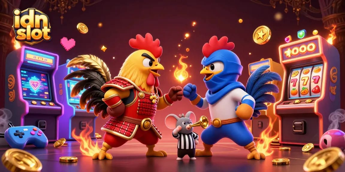 Engage with idn slot's exciting 3D cartoon showdown of fighting roosters in a vibrant casino-themed scene.