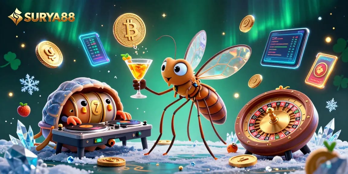 SURYA88 brings casino excitement alive with unique characters and crypto elements in a vibrant scene.