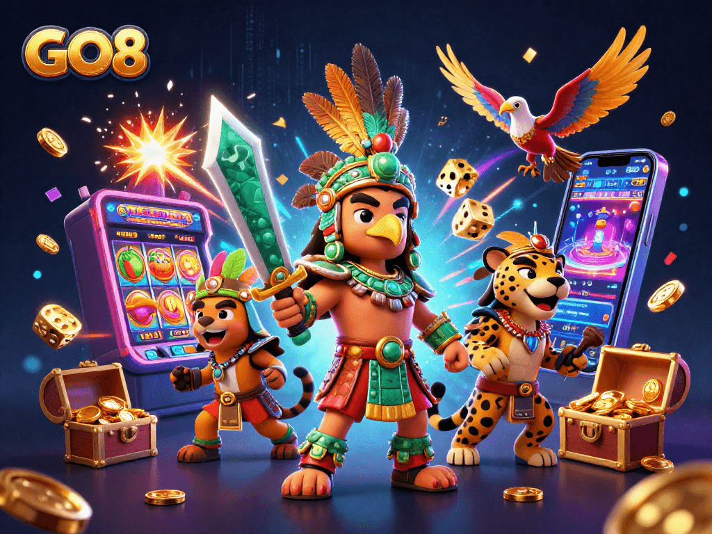 Engage in thrilling GO8 slot adventures with our vibrant Aztec-themed illustration featuring warriors and jackpots.