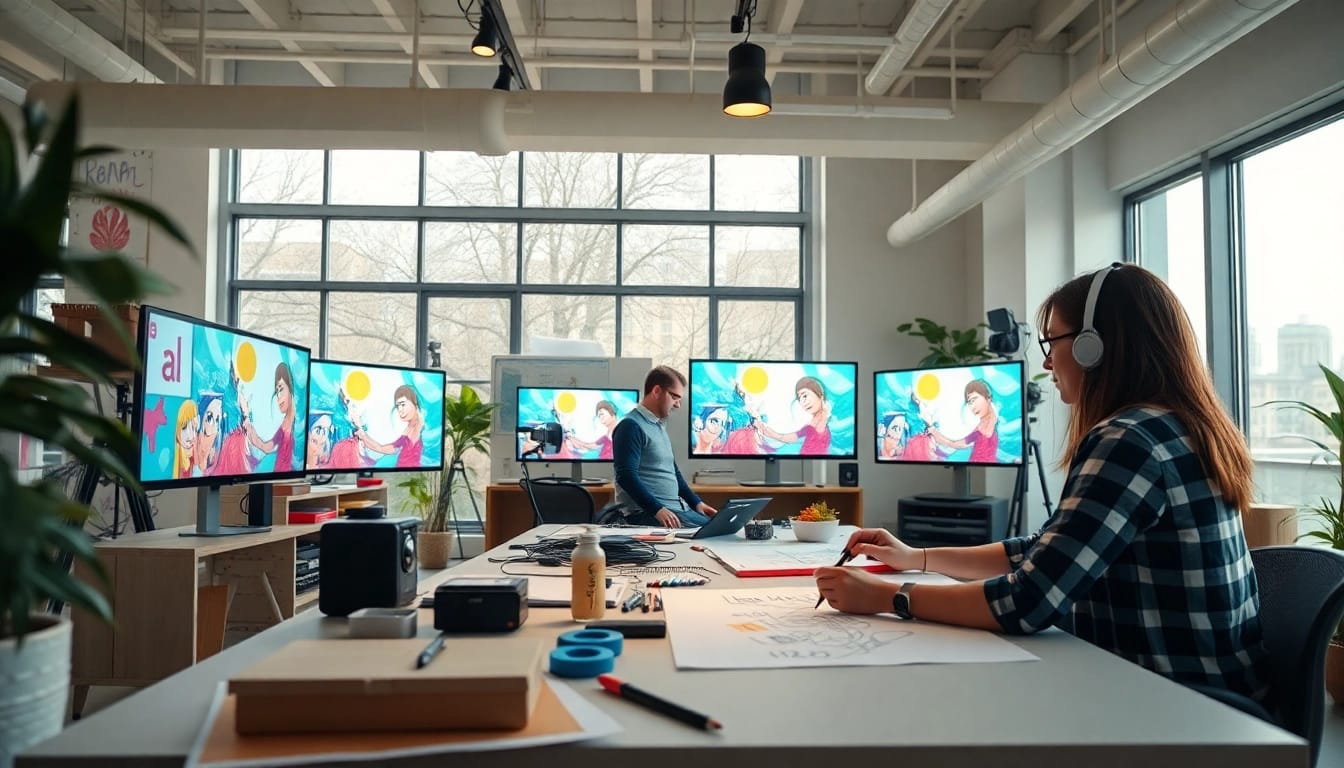 Animationsstudio showcasing creative teamwork and vibrant projects in a modern workspace.