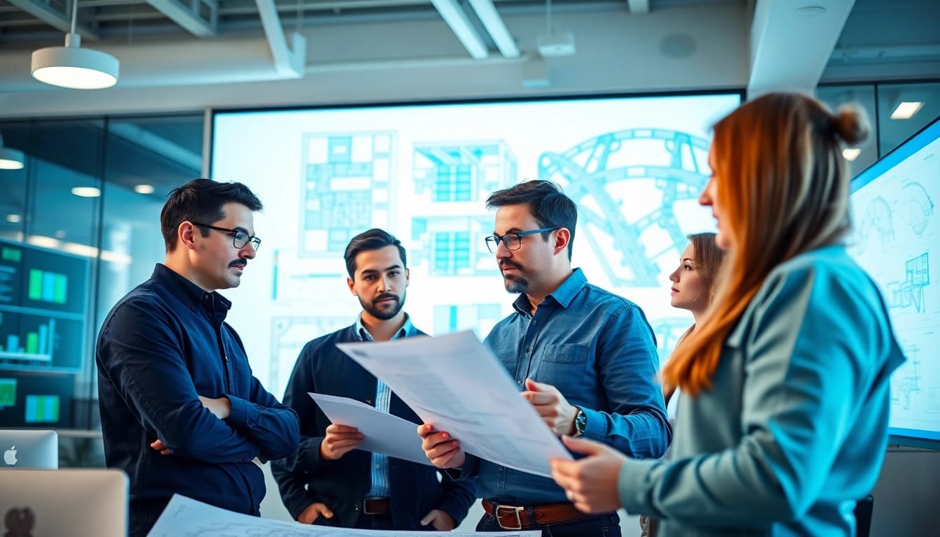 Engineers collaborating on innovative engineering services designs in a modern office setting.