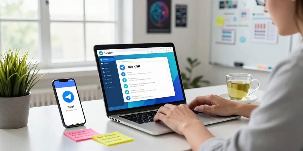customizing telegram中文版 interface in a modern office with tech gadgets and natural light