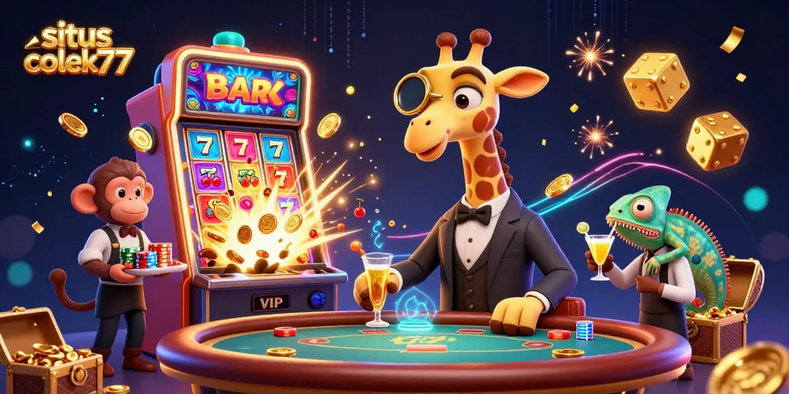 Experience situs colek77's thrilling slots with a festive casino scene, featuring vibrant characters and jackpot excitement.