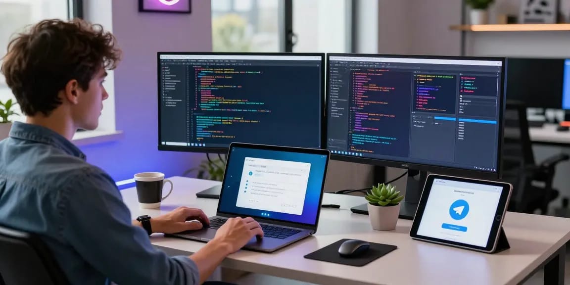 Developer coding telegram中文版 app in modern workspace with dual monitors and vibrant tech atmosphere.
