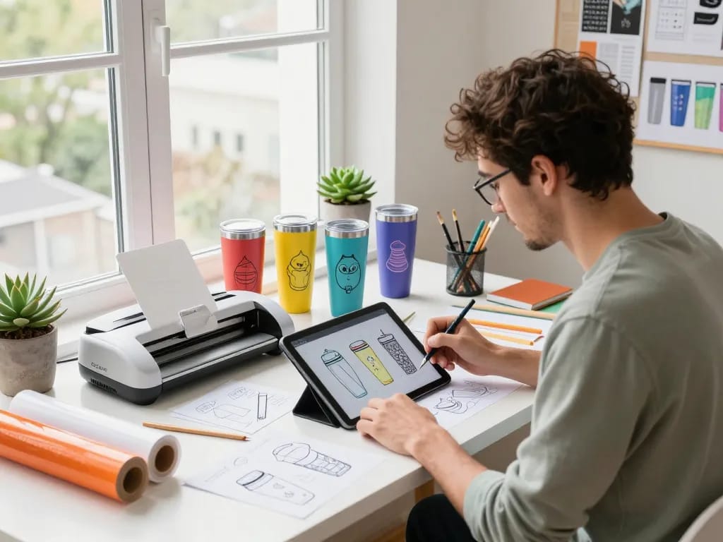Designer creating tumbler SVG files in a bright, lively workspace with Cricut materials.