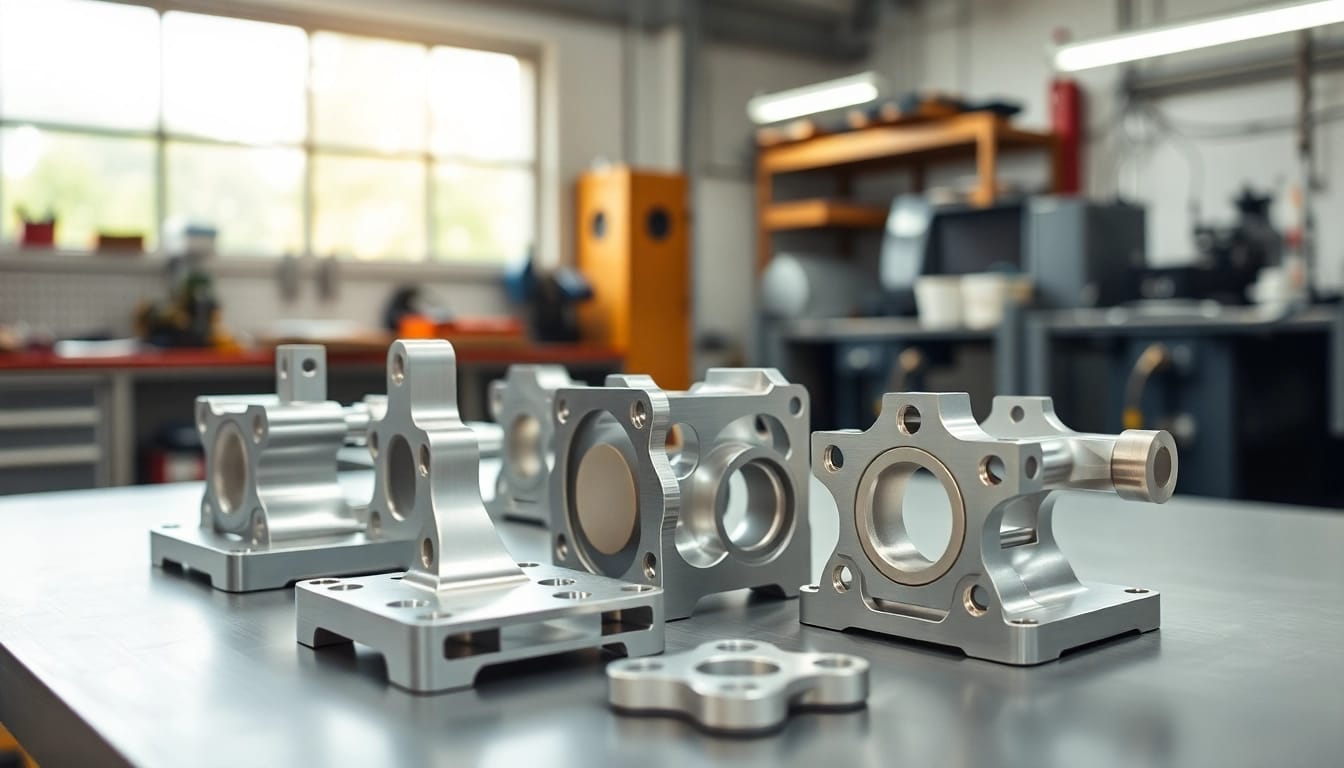 Showcase of aluminum prototypes highlighting precision and design quality in a fabrication setting.