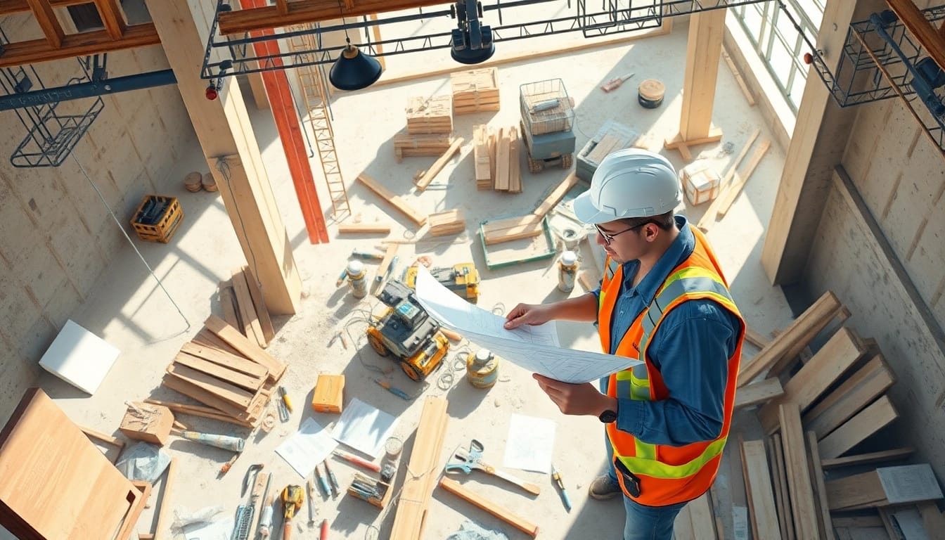 Engaging construction apprenticeship scene with an apprentice reviewing blueprints at a construction site.