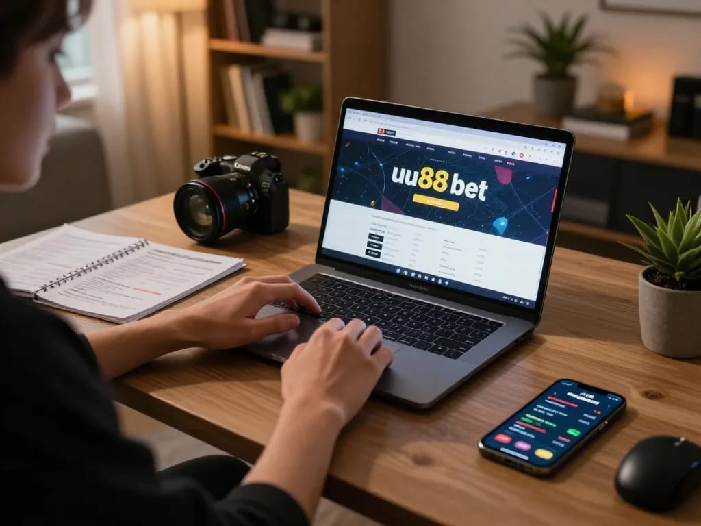 Player engaging with uu88 bet on laptop in cozy home office setting, showcasing modern online gambling experience