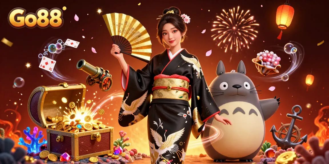 Experience gaming excitement at Go88 with vibrant characters and dazzling casino elements.