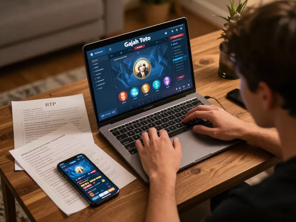 Player engaged in Gajah Toto online slots, laptop and notes on gaming strategies visible.